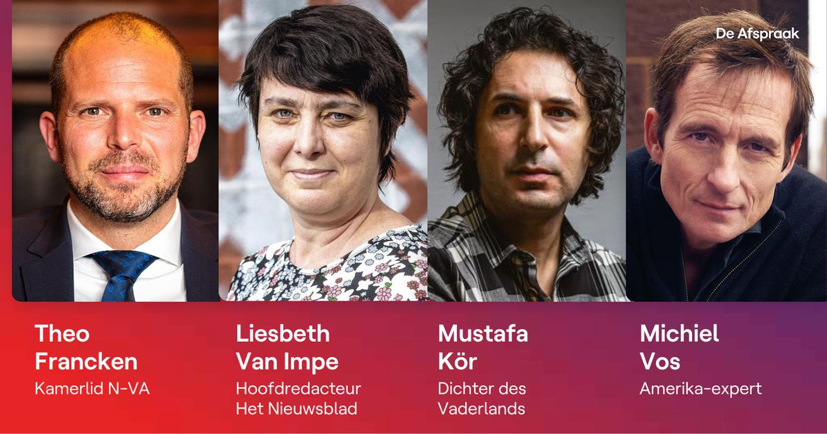 Straks in #deafspraak: @FranckenTheo en @liesbethvi over de bouw van een gevangenis in Kosovo, Mustafa Kör over het einde van zijn Dichterschap des Vaderlands en Michiel Vos over de processen tegen Trump. Om 20u35 op @vrtcanvas!