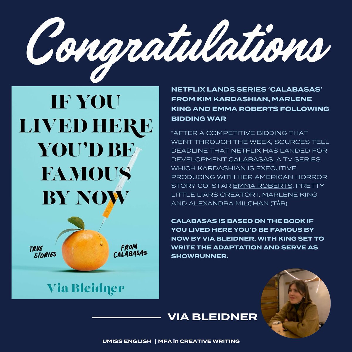 CONGRATS to first year MFA student Via Bleidner, whose debut book is being adapted for Netflix by Kim Kardashian and Emma Roberts! We can't wait for CALABASAS to hit the screens!
