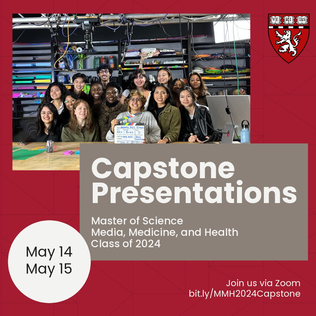 Please join us for the Master of Science in Media, Medicine, and Health Class of 2024 Capstone presentations on Tuesday, May 14 9:30am-4:00pm and Wednesday, May 15, 9:30 am-12:30pm ET. Register here: bit.ly/mmh2024capstone