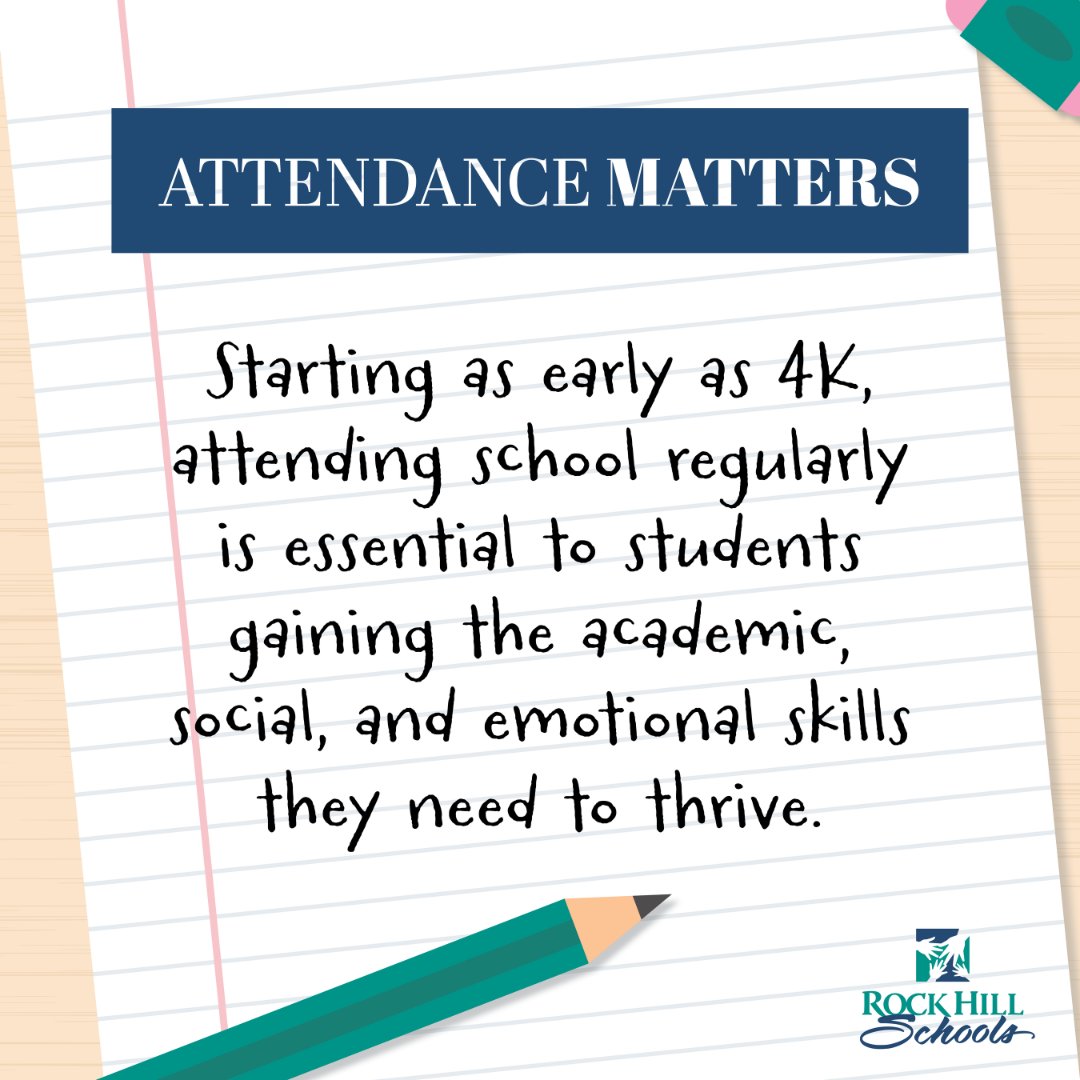 We want to start building #RockSolid foundations early. Attendance matters as early as 4K and Kindergarten. Please, come to school, all day, every day. If you have any questions about attendance, contact your student's school or you can visit our website: rock-hill.k12.sc.us/Domain/410