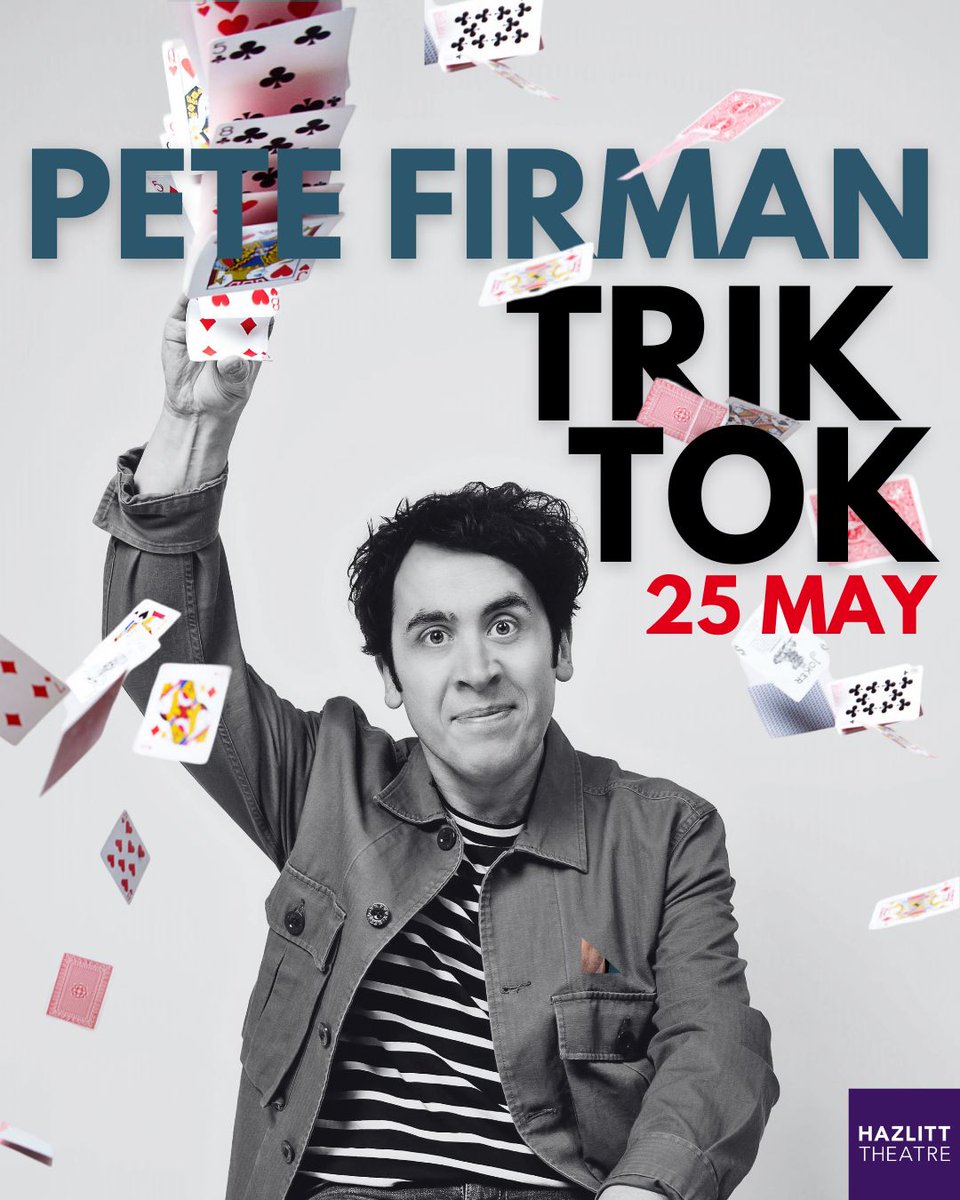 Only one month until @petefirman's Trik Tok tour comes to the Hazlitt Theatre on 25 May!  Pete Firman: Trik Tok 25 May, 7:30pm £20, £18 concession 11+ Book now: bit.ly/3Qk1xki