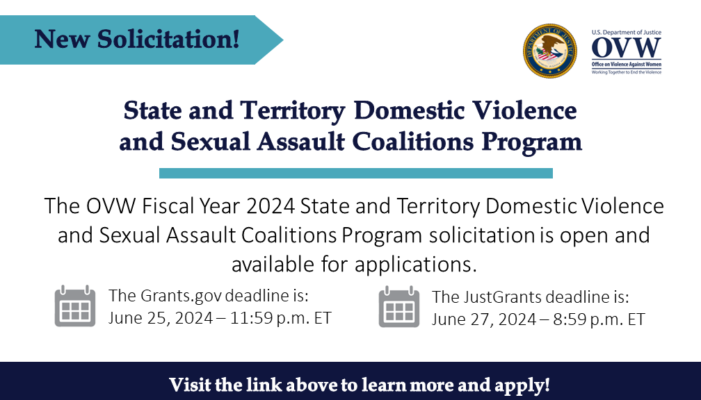 NEW SOLICITATION: Coalitions Program This program supports the critical work of state and territory domestic violence and sexual assault coalitions in addressing sexual assault, domestic violence, dating violence, and stalking. Learn more and apply: justice.gov/ovw/media/1349…