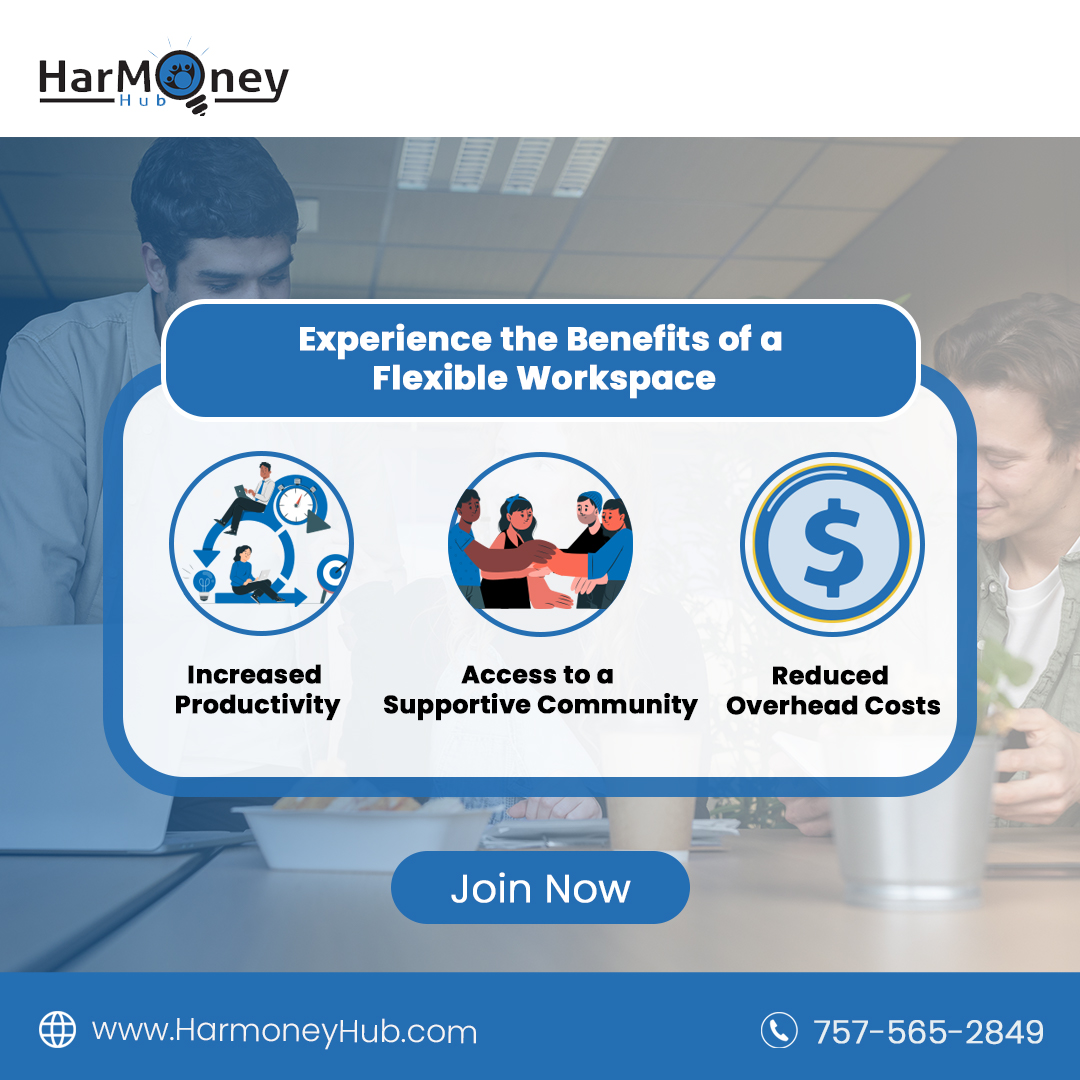 Explore the benefits of flexible workspaces at #HarmoneyHub! Boost productivity, reduce costs, and join a community that drives success. Whether you're a startup or entrepreneur, we have the perfect space for you. Book a tour!
📞 757-565-2849
#FlexibleWorkspace #EntrepreneurLife