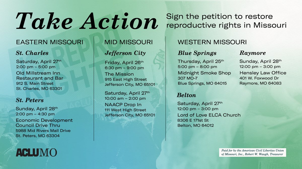 aclu_mo's tweet photo. This may be your last opportunity to sign the petition to restore reproductive rights, including abortion. Volunteers are hosting events in Blue Springs, Raymore, Belton, Jeff City, St. Charles, St. Peters &amp; more. Join the fight, spread the word &amp; sign the petition. #EndtheBanMO https://t.co/wZgWGYh3I0