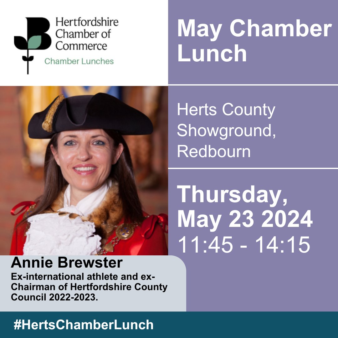 Join us at our May Chamber Lunch on Thursday, May 23 at the stunning Herts County Showground. To secure your place, check out the link below: my.hertschamber.com/calendar_detai… #Networking #HertsChamber100 #Hertfordshire