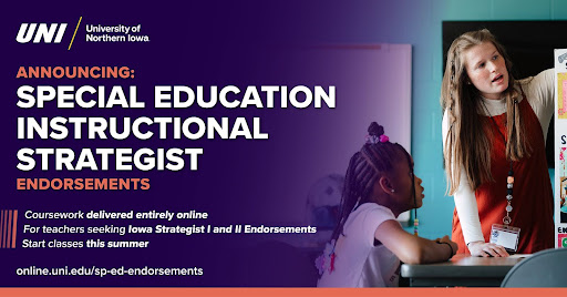 More good news! Practicing teachers--take advantage of this ENTIRELY ONLINE pathway to earning your instructional strategist endorsements--now offered at @northerniowa! And... begin as early as May! Learn more and enroll: bit.ly/InstructionalS…