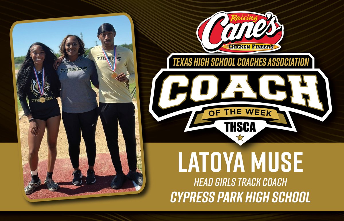 THSCAcoaches's tweet photo. Congratulations to the @raisingcanes THSCA Coach of the Week, LaToya Muse (@coach_muse), of @CyParkAthletics Track! 🖤👟💛You make us #THSCAproud! 

@Coach_G_Rog says: “Coach Muse is a vital part of our athletic department at Cypress Park HS, serving as Head Girls XC, Head Girls Track, and as our Campus Asst. Athletic Coordinator. With her leadership, she has helped to push not only the sports she is in charge of, but all sports on our campus, to reach higher goals both athletically and academically. Coach Muse continually stresses good sportsmanship and doing right because it is right. She strives to help student-athletes become better versions of themselves.”

#CanesCOTW #THSCAcotw #CoachoftheWeek @CypressParkHS @CyFairISD @CFISDAthletics @CoachAment @VFlores34 @CoachPatton36