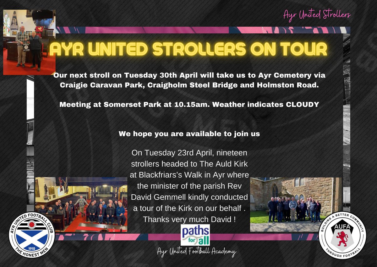 Ayr United Strollers on Tour
Walk details for Tuesday 30th April 2024

@AyrUnitedFC   @AyrUtdAcademy  @PathsforAll 
@CLD_SAC  @sahscp  @VASouthAyrshire  @three_sixty_org   @WallacetownH 

#WeAreUnited