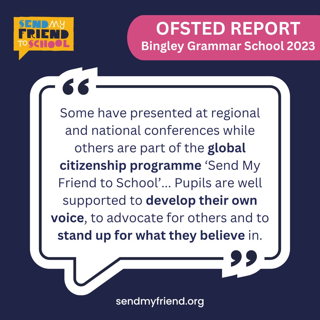 We are pleased that our Schools resources and Campaign Champion programmes in the @bingleygrammar Ofsted Report 2023. If you are a TEACHER or STAFF working in schools & interested in nurturing global citizens download our FREE Schools campaign pack now 👉sendmyfriend.org/download-pack/