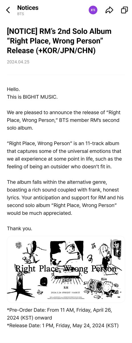 BTSMerchUpdates's tweet image. RM's 2nd Solo Album "Right Place, Wrong Person" Release

11 tracks

Pre-Order Date: From 11 AM, Friday, April 26, 2024 (KST) onward

Release Date: 1 PM, Friday, May 24, 2024 (KST)