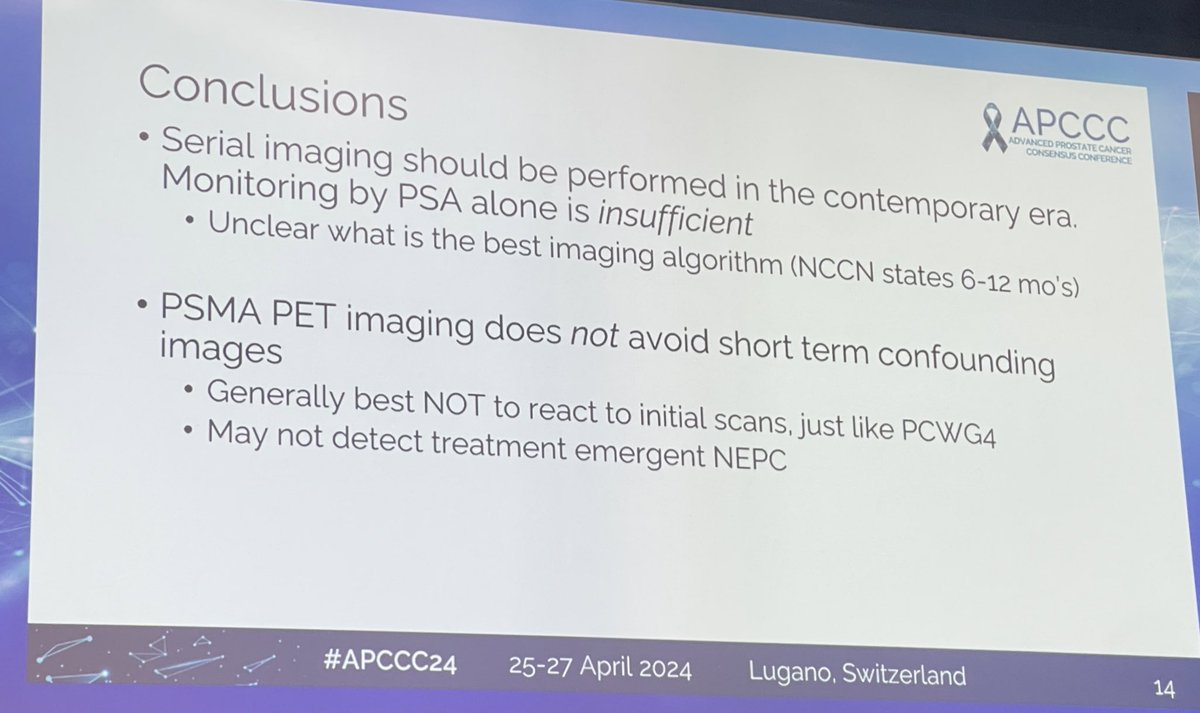 #APCCC2024 @APCCC_Lugano 👉 @morr316 Mike Morris👉Regular conventional imaging is must in pts with mCSPC #ProstateCancer 👉Arches trial data showed imaging progression (minus PSA rise) in many, and lineage plasticity makes PSA/PSMA unreliable. @OncoAlert @Silke_Gillessen