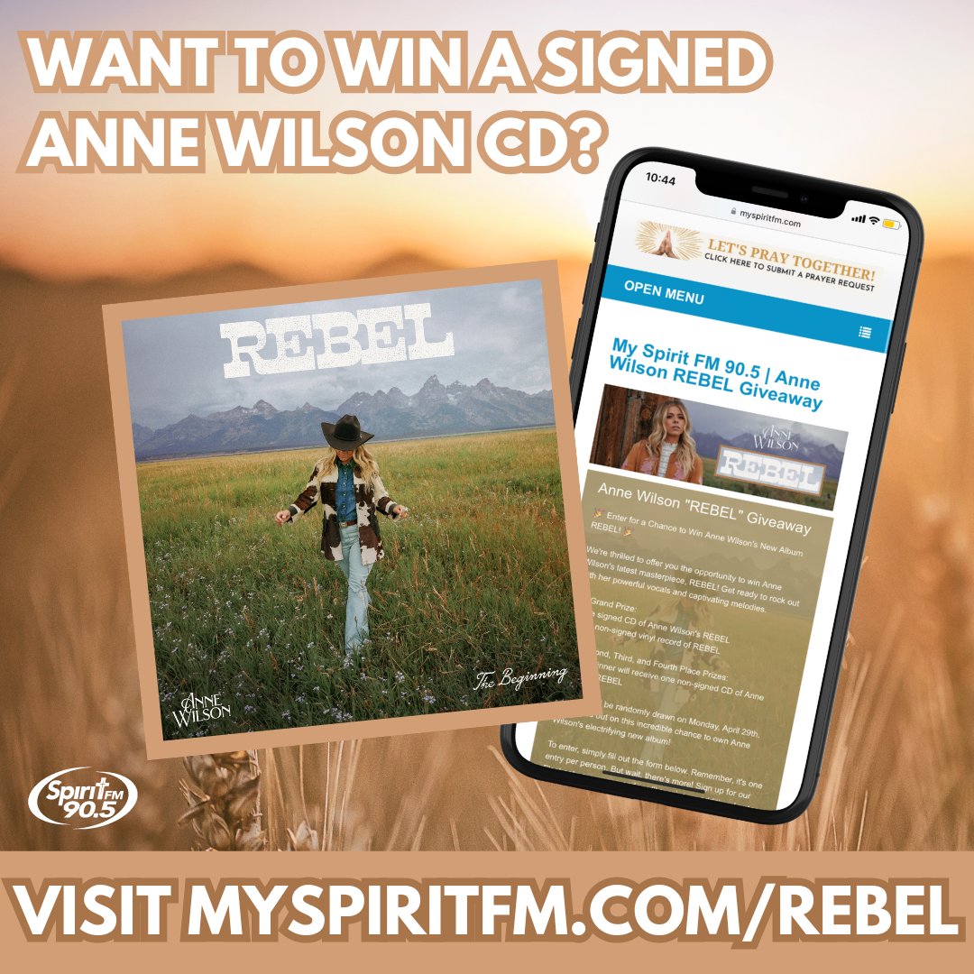 You have a chance to win a signed copy of @annewilsonmusic's new album REBEL! There will also be second, third, and fourth place prizes. You have until 11:59pm this Friday to enter, so don't wait! Visit MySpiritFM.com/Rebel now to enter! 📲 #LiveWithSpirit #AnneWilson #REBEL