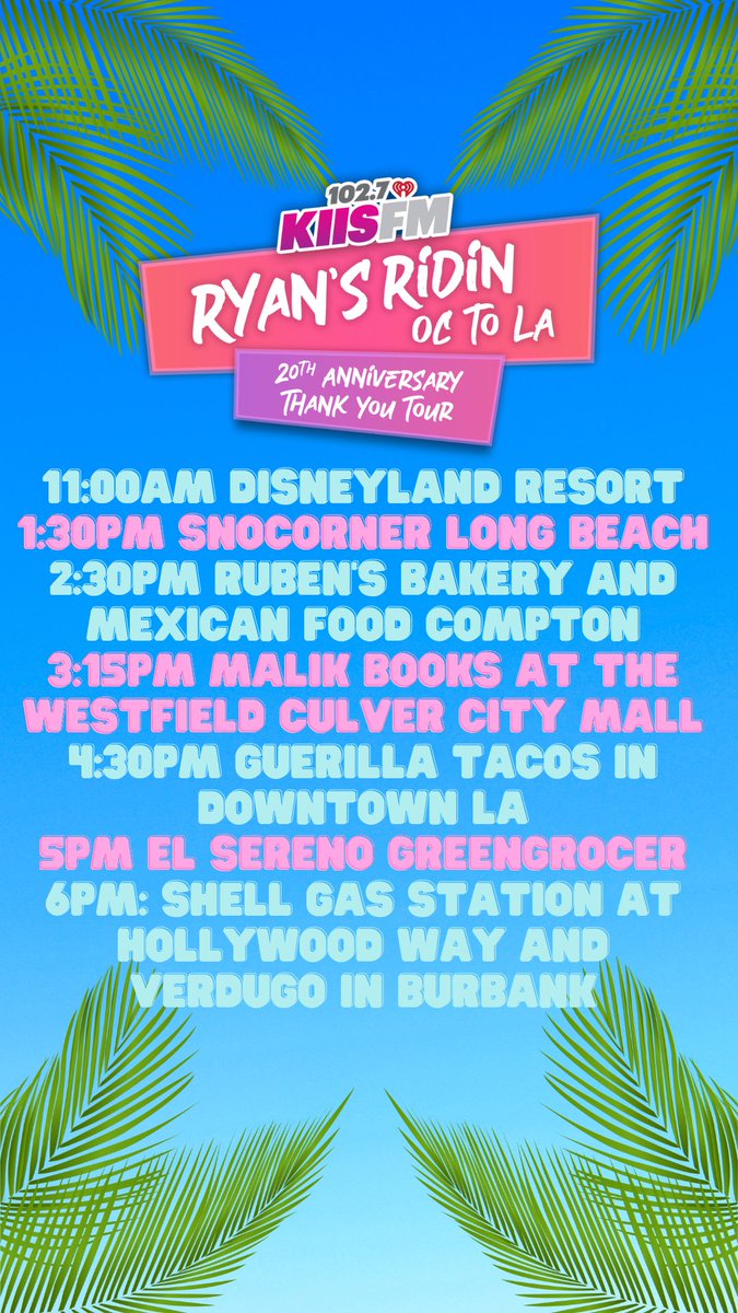 Today is the day! 💕 @ryanseacrest is celebrating his 20th Anniversary at KIIS with a ‘Thank You’ Tour! 🙌 Swing by any of the locations to meet Ryan, @sisanie, & @tanyarad! 🥰 PLUS you can win awesome prizes, AND you could win $1,000 to Pay Your Bills at EACH location 💰