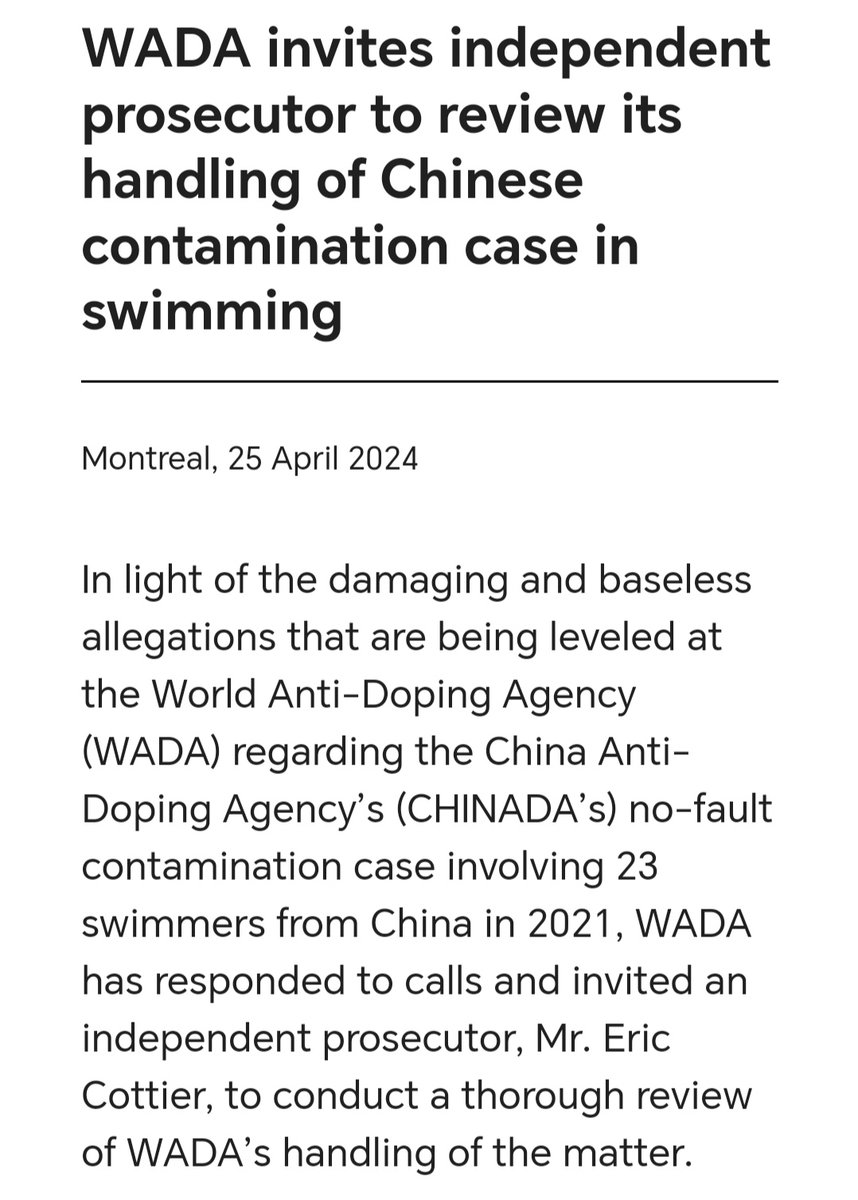 New from WADA, the World Anti-Doping Agency. It's appointing an 'independent' prosecutor - from Switzerland - to look at how it handled the Chinese doping case.