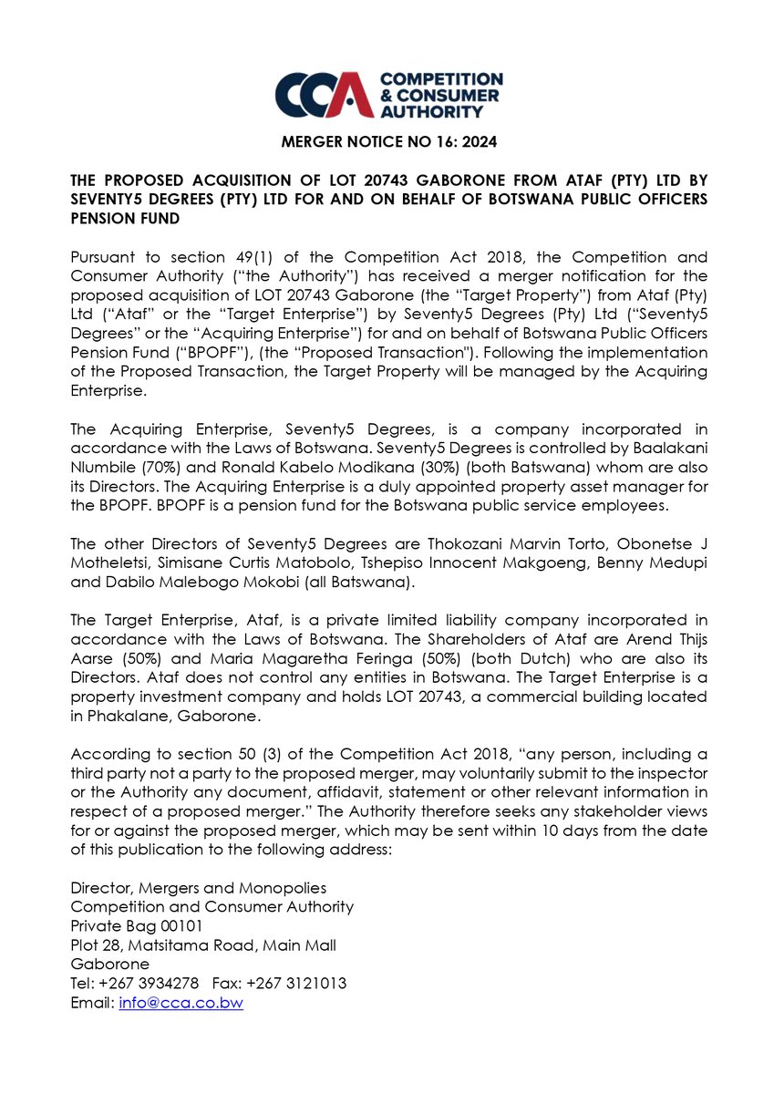 Merger Notice No 16 2024 - Seventy5 Degrees (Pty) Ltd and Ataf (Pty) Ltd
#seekingstakeholderviews #CCAmergernotice #mergers #acquisitions #mergersandacquisitions #CCApublicnotice @CCABotswana