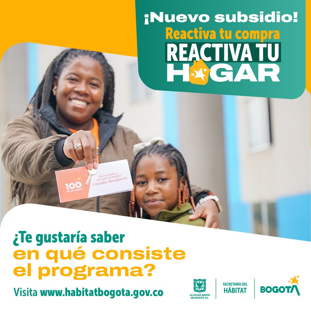 ¡#BuenasNoticias para los hogares bogotanos! Lanzamos #ReactivaTuCompra, Reactiva tu Hogar, un nuevo programa de @habitatbogota que asigna un subsidio para adquirir vivienda propia en Bogotá. 🏡 Conoce de qué se trata en habitatbogota.gov.co