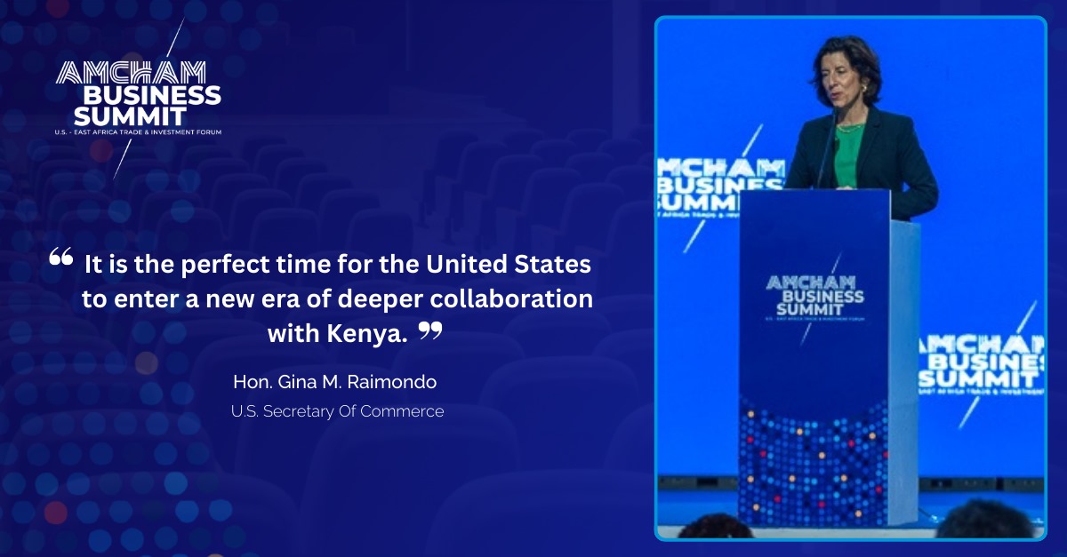 AmChamKE's tweet photo. Hon. @GinaRaimondo, U.S. Secretary of Commerce, speech at the #AMCHAMSummit emphasized the importance of collaborative power. She highlighted the potential for a prosperous & secure future through joint efforts between the United States and Africa.
#AMCHAMSummit24 #FutureOfTrade https://t.co/KJObfYWaFy