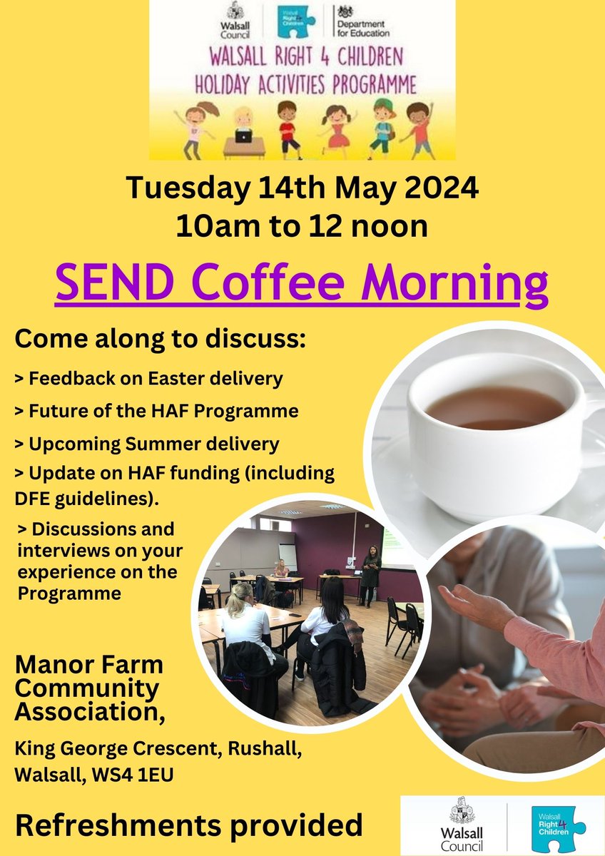 Coming soon! #HAF2024

No booking required, just drop in for a warm drink and a friendly chat. Refreshments will be provided.

For further information please email WR4C@walsall.gov.uk