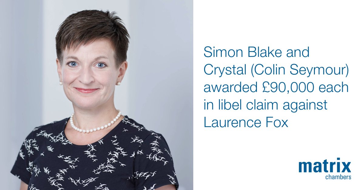 Simon Blake and Crystal (Colin Seymour) awarded £90,000 each and injunction against Laurence Fox in remedies hearing following trial. Lorna Skinner KC, leading Beth Grossman, represented the claimants, instructed by Mark Lewis of Patron Law. ow.ly/EH3U50RoarU