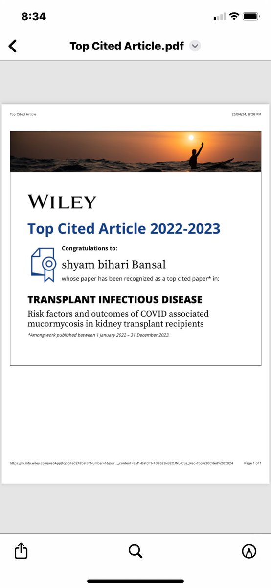 Delighted to share that our article is top cited article in year 2022-2023 in transplant infectious diseases. Thanks my coauthors for their contribution. @Abhyuday22 @docpranaw @sidsdoc . Thanks @KottonNelson for help . @TheTxIDjournal @isn_india