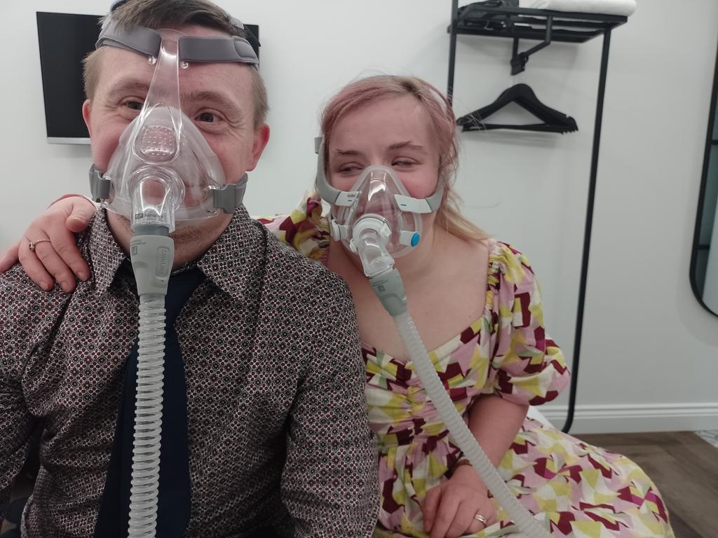 Here is me and James's sleep apnea masks Did you know that sleep apnea is more common in people with Down's Syndrome so please get your kids tested @DSRF_UK