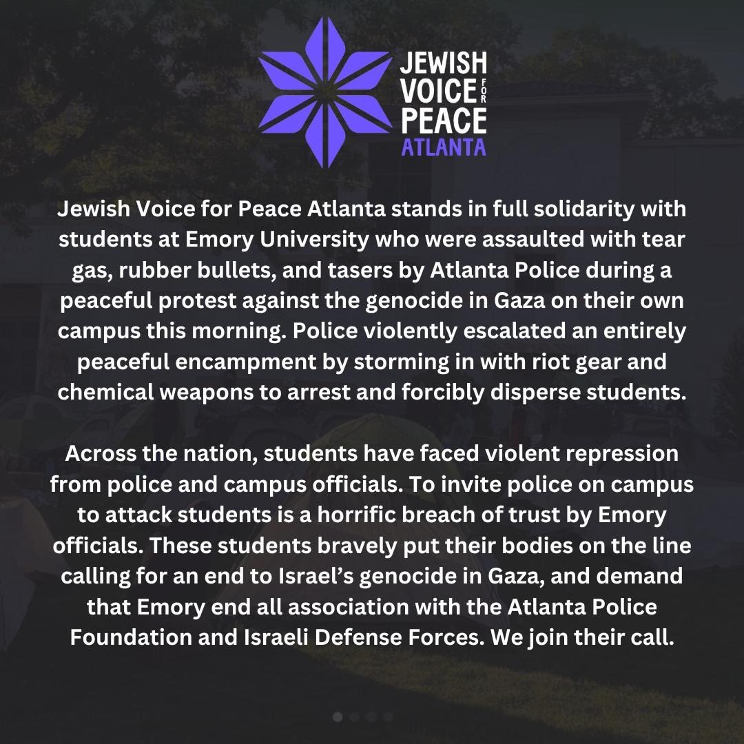jvpatlanta's tweet photo. ๐จSTATEMENT ON EMORY UNIVERSITY VIOLENTLY ARRESTING STUDENTS๐จ@EmoryUniversity https://t.co/IqtmES0eSM