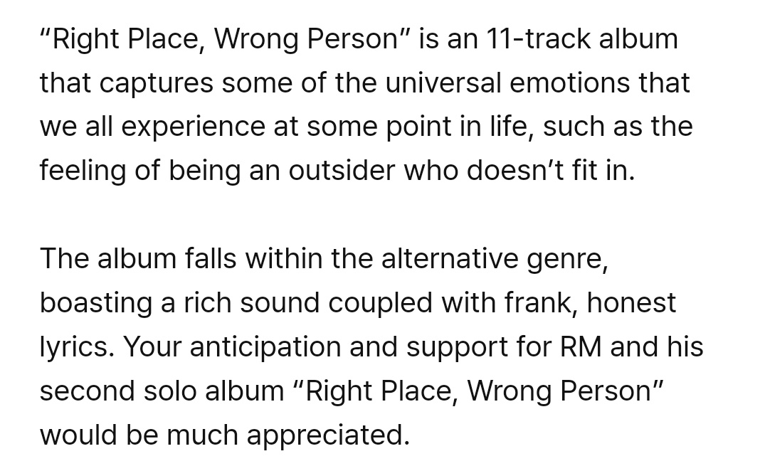 #RM second solo album “Right Place, Wrong Person,” will be released on May 24 , 1 PM KST *Pre-Order Date: From 11 AM, Friday, April 26, 2024 (KST) onward