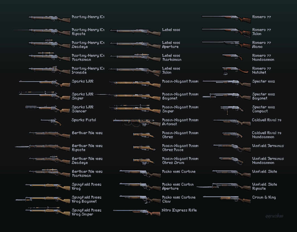 qqruzkin's tweet photo. All weapons from Hunt: Showdown 👉👈

#HuntShowdown #pixelart #ドット絵 https://t.co/KdSIcmbqRq
