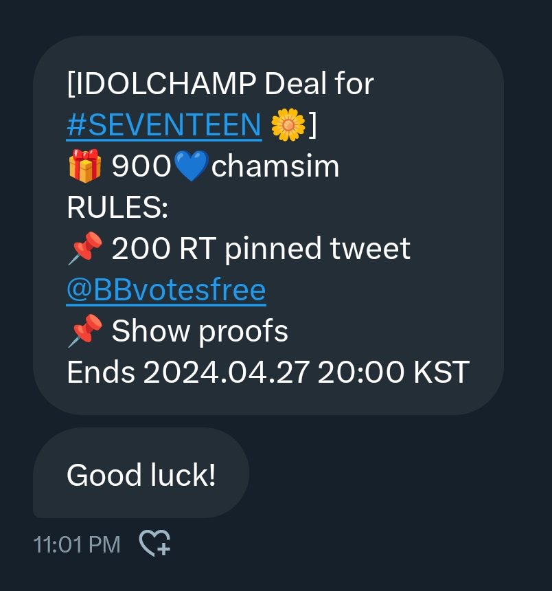 [IDOLCHAMP Deal for #SEVENTEEN 🌼]
🎁 900 💙 chamsim

RULES:
📌 200 RT pinned tweet <a href="/BBvotesfree/">BBvotes</a> 
📌 Show proofs

Ends 2024.04.27 20:00 KST 

#TakeOverCARATS