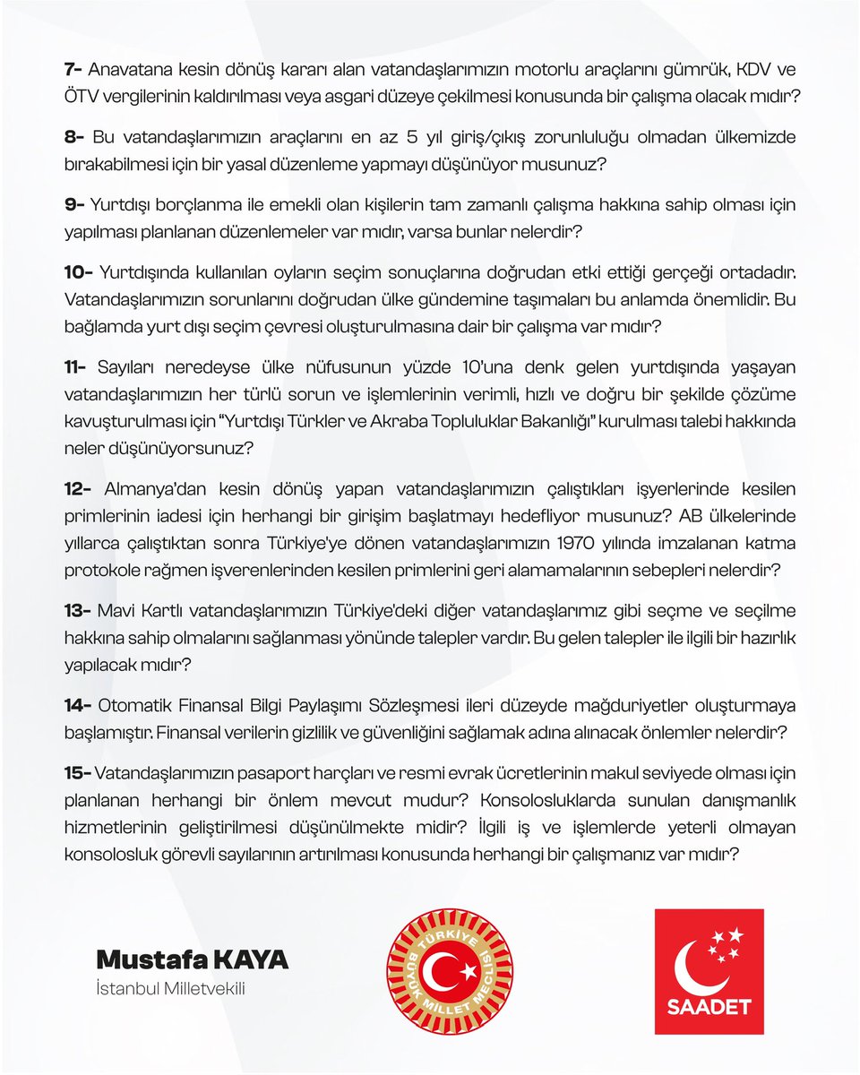 Yurtdışında yaşayan milyonlarca vatandaşımızın sorunlarıyla ilgili Cumhurbaşkanı Yardımcısı Sayın Cevdet Yılmaz’ın cevaplaması talebiyle TBMM Başkanlığı’na sunduğumuz Soru Önergesi👇