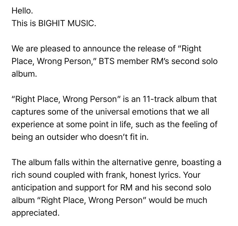 RM's 'Right Place, Wrong Person' will be released on May 24 at 1PM KST 'Right Place, Wrong Person' is an 11-track album that captures some of the universal emotions that we all experience at some point in life, such as the feeling of being an outsider who doesn’t fit in. The