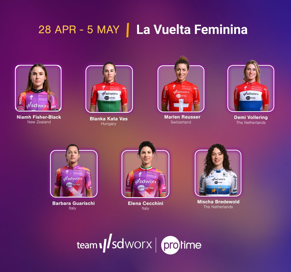 Vamos !!! We’re ready for the Vuelta a España Femenina 2024 which starts Sunday 28-4 in Valencia. Our selection: Demi Vollering, Marlen Reusser, Niamh Fisher-Black, Blanka Vas, Mischa Bredewold, Elena Cecchini and Barbara Guarischi. #wesparksuccess