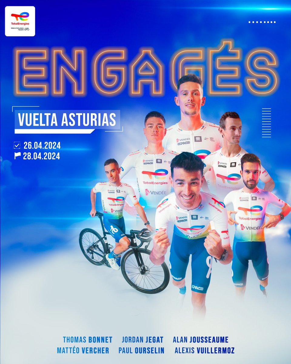 Nouveau week-end de compétition pour le Team, qui sera engagé sur deux fronts en cette fin de de semaine ⚡️

Cela débutera dès demain avec la première des trois étapes de la @vueltasturias 🇪🇸

Voici nos coureurs pour cette course 👀

#AllezTotalEnergies #VueltaAsturias2024