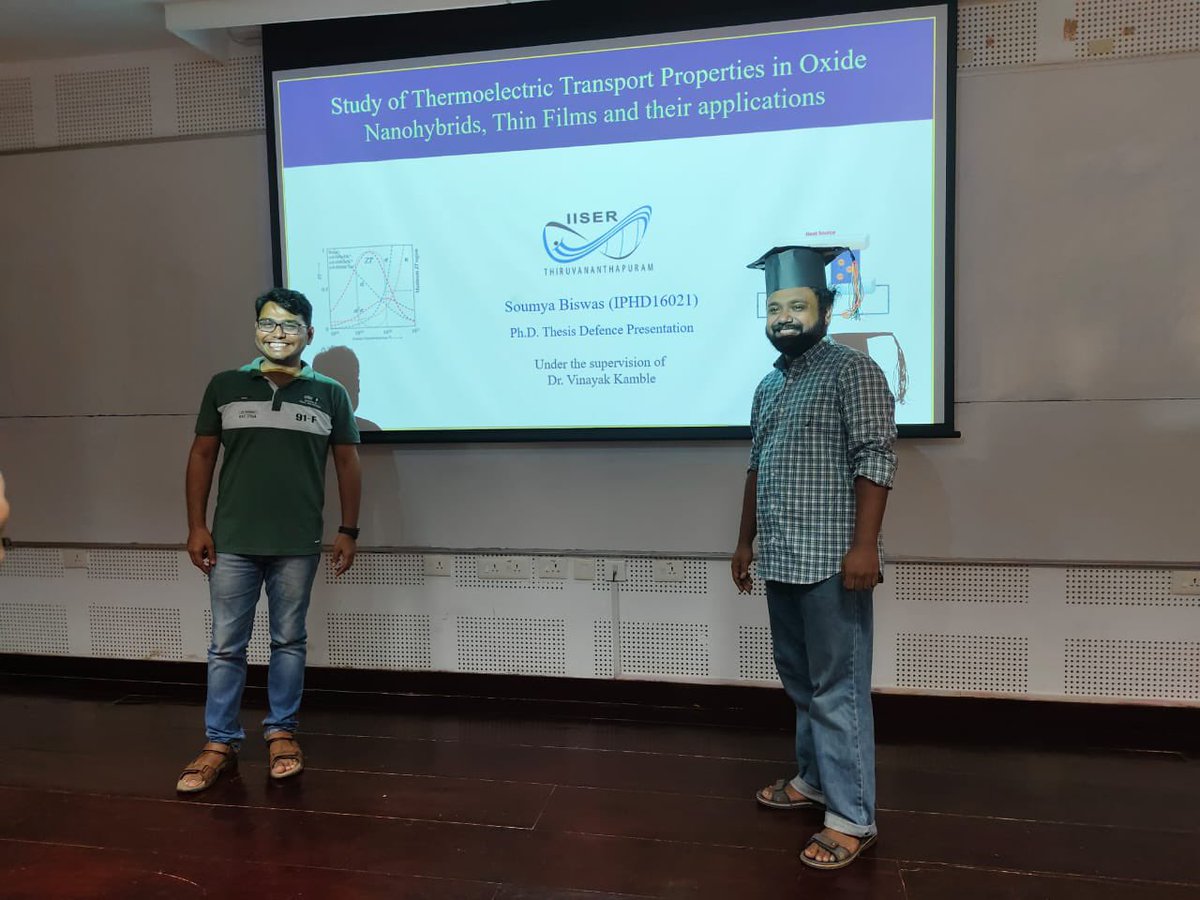 SMaRTlabIISER's tweet photo. Second PhD student from #SMartlab Mr Soumya Biswas defended his thesis successfully today. His thesis title is "Study of #Thermoelectric transport properties of #oxide nanohybrids, thin films and their applications"
@SOUMYAB36020209 @VinKamble01 @Phy_IISERTVM https://t.co/6b8BBZNKXB