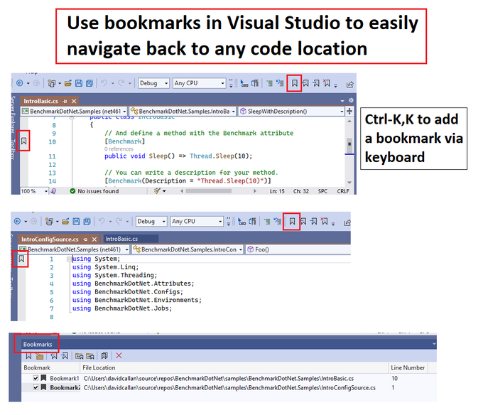 Visual Studio bookmarks  ⬇

Bookmarks in Visual Studio allow us to mark any arbitrary code location in our solution so we can easily navigate back to it.

Have you used them before?

#dotnet #csharp