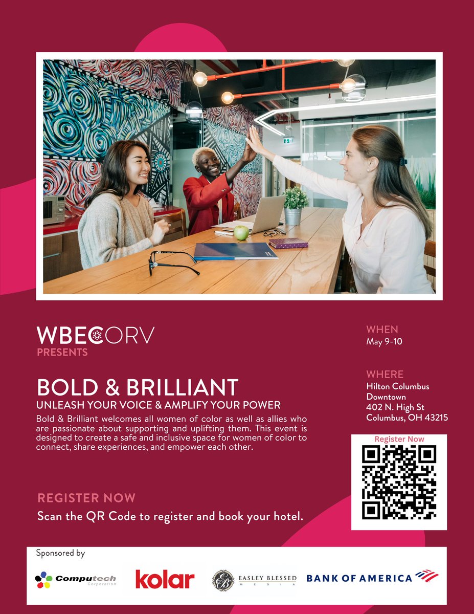 At 'Bold &amp; Brilliant,' we aim to create a safe space where Women of Color can come together to empower each other, share experiences, and inspire action. Register today for this powerful event on May 9-10 in Columbus! tinyurl.com/bdc8dmr2 #BoldAndBrilliant #WomenofColor