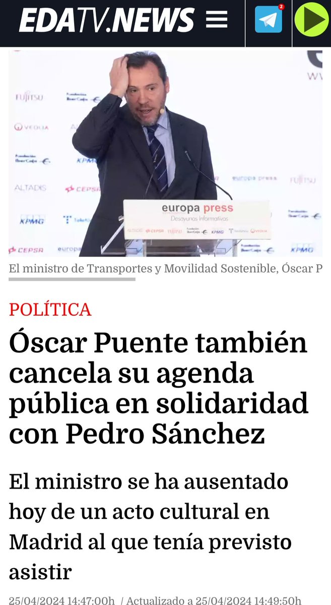ULTIMA HORA 
Óscar Puente también cancela su agenda pública en solidaridad con Pedro Sánchez.
DE SEGUIR ACUDIENDO A PROSTÍBULOS Y A TOMAR CARAJILLOS, NO HA DICHO NADA...
#PedroNoTeRindas