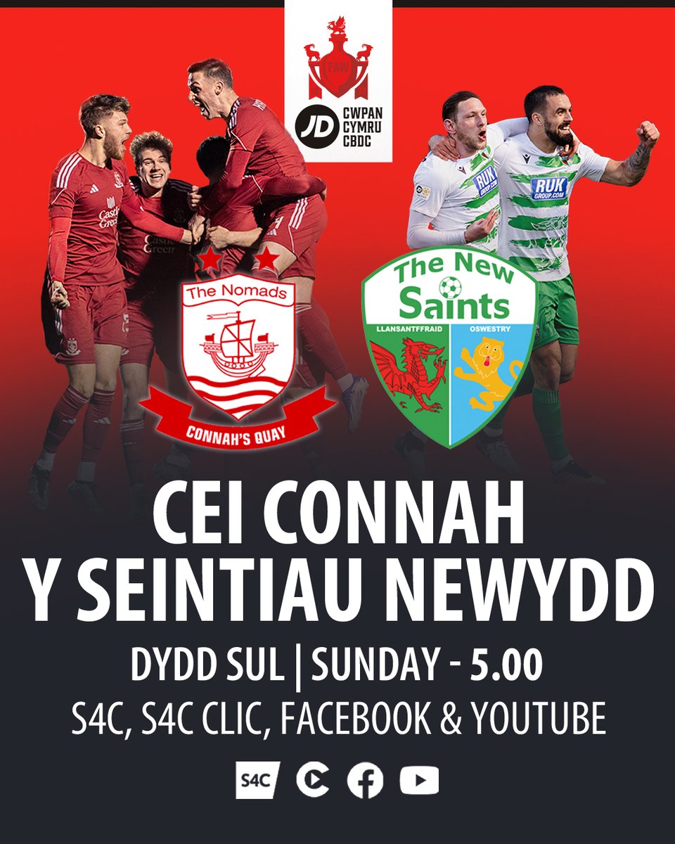 Rownd Derfynol Cwpan Cymru JD! 🔴 @the_nomads v @tnsfc 🟢 Yn fyw o Rodney Parade ddydd Sul am 5.00 🙌 Sylwebaeth yn y Gymraeg: tinyurl.com/5fukkess or for English language commentary: tinyurl.com/2c4v4p2j #CwpanCymruJD