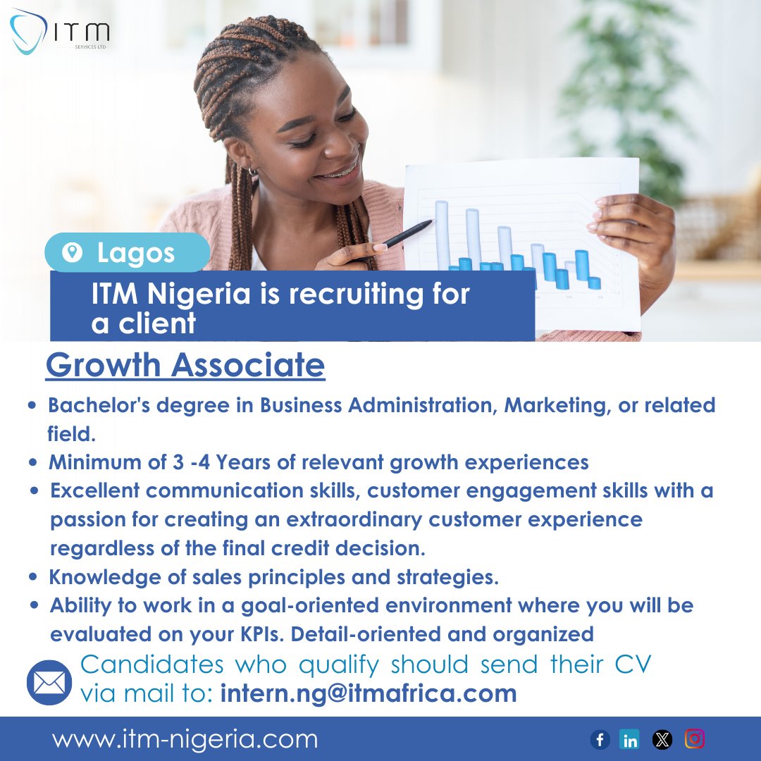 We are Hiring!! 🚨

Position: Growth Associate

Location: Lagos

Qualified candidates can apply by sending CV to intern.ng@itmafrica.com

#recruiting #recruitment #hiring #jobsinabuja #jobvacancies #itmservices #jobsinlagos