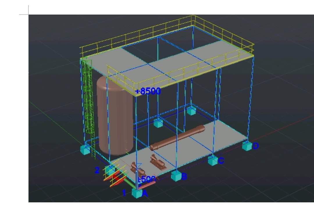 So I did all these with AutoCAD plant 3D

Frame 1: Section of a plant with tank and pump
Frame 2: A walkway with stairs and railings
Frame 3: A storage tank with spiral stairs
Frame 4: A platform with storage tank and heat exchangers installed.