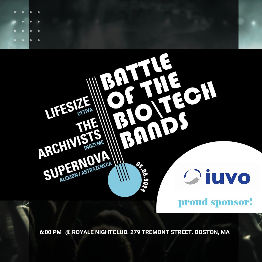 iuvo is a proud sponsor for 2024's @biotechbattle charity event! Join us May 8th at 6:00PM where Bio Tech bands will compete on stage for the title and funds for their charity! #biotechbattle #boston #lifescience #bio #tech #charity #MSP hubs.ly/Q02sJglw0