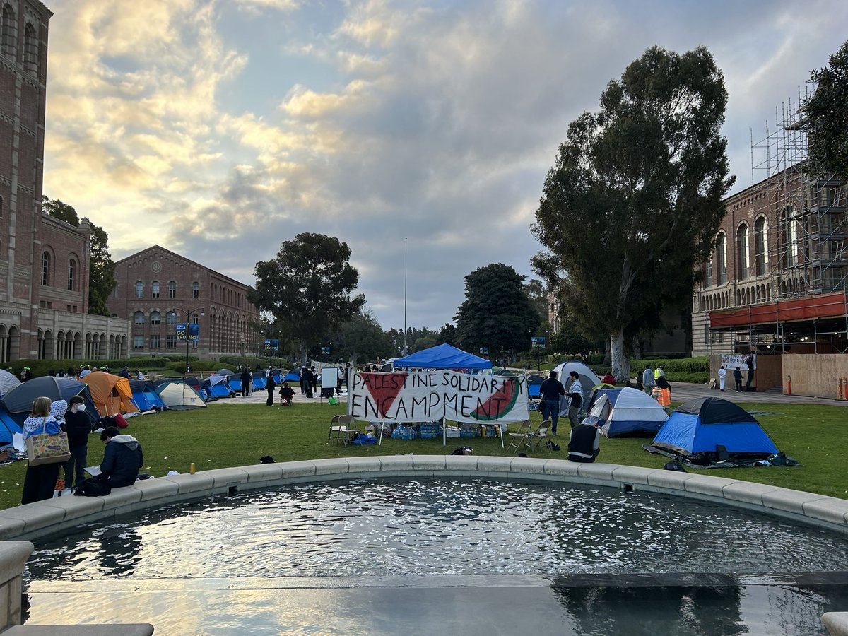 NOW: @UCLA pro-Palestinian students set up encampment in front of Royce Hall at 4 am today. They join 20+ other campuses that set up camps across the country in huge wave of protests and solidarity.