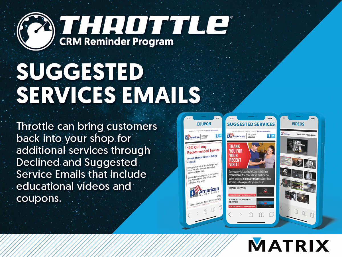 It's #ThrottleThursday! Looking to keep customers coming back? Throttle's got you covered with suggested services emails! To learn more or to schedule a 15-minute demo, go to: hubs.ly/Q02sBVst0

#MatrixImagingSolutions #ThrottleCRM #customercommunication #customerengagement