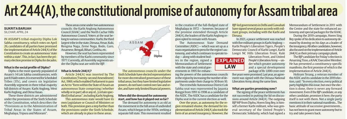 'Art 244(A), the Constitutional promise of Autonomy for Assam Tribal areas'

:Details by Ms Sukrita Baruah
@BaruahSukrita 

ART 244(4), State within a State, Tribal areas,6th Schedule,Hill districts of #Assam ,#Autonomy, #Politics &
More info..

#law
#Polity

#UPSC 

Source: IE