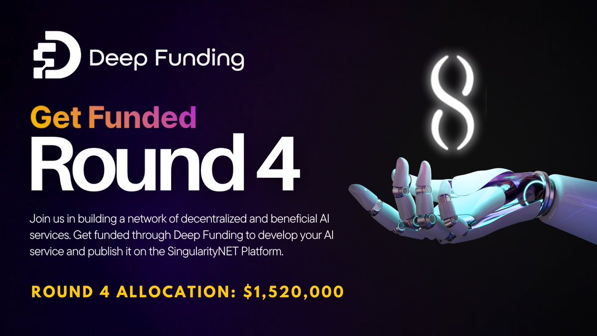 📢 <a href="/DeepFunding/">Deep Funding</a> Round 4 Is Here With $1.5M In Rewards!

Get funded through Deep Funding to develop your AI service and publish it on the #SingularityNET Platform.

Visit our new portal to learn more: deepfunding.ai