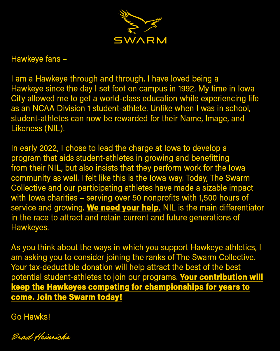 IowaSwarm's tweet photo. 𝐅𝐫𝐨𝐦 𝐭𝐡𝐞 𝐦𝐚𝐧 𝐡𝐢𝐦𝐬𝐞𝐥𝐟. 🙌

We need your help. Your support is shaping the future of Iowa athletics.

👉 https://t.co/VWFpNbwmmO

#SWARM | #NIL https://t.co/It9nSsqAhd