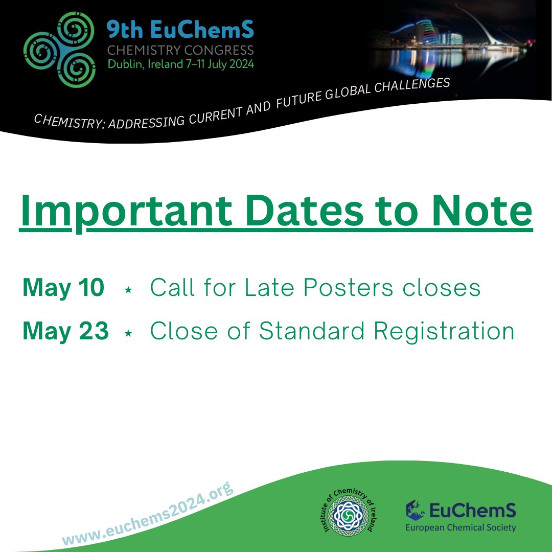 📢 Time is ticking! Just 2 weeks left to submit your posters for #ECC9. Hurry, the call closes soon! And don't forget, standard registration ends in 1 week. Secure your spot today for the ultimate chemistry gathering. euchems2024.org/registration/