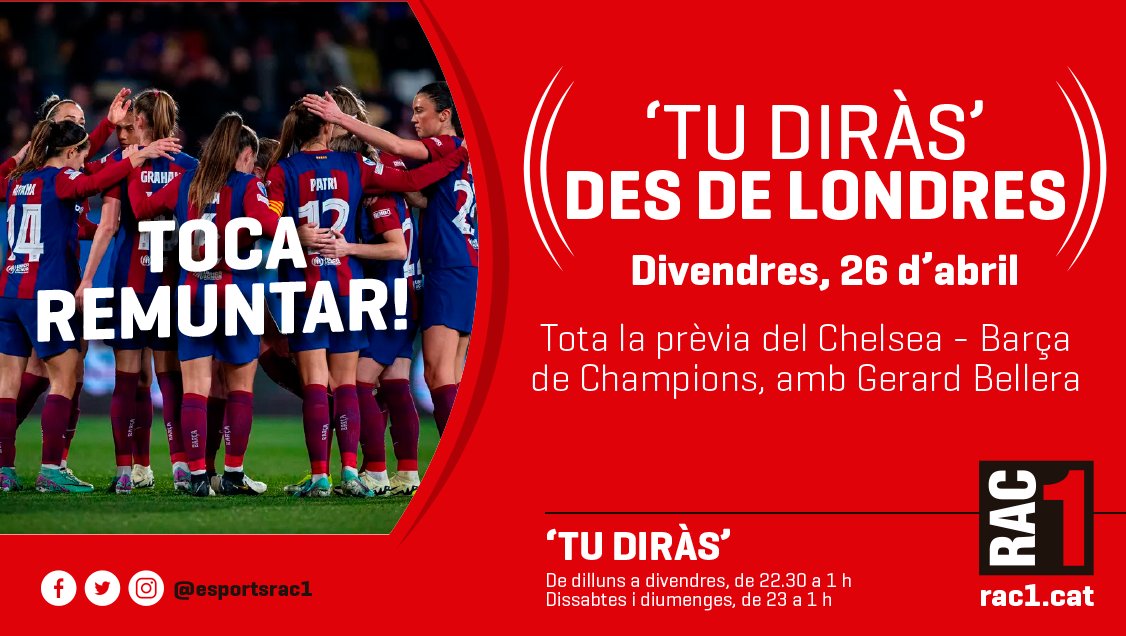 💥 El @FCBfemeni busca la remuntada a Stamford Bridge i a @rac1 us ho explicarem tot des de Londres🏴󠁧󠁢󠁥󠁮󠁧󠁿 

Aquest divendres, especial #TuDiràs amb @gerardbellera!