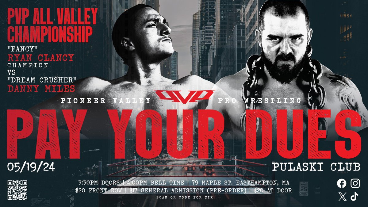 Sun. May 19, 2024 ALL VALLEY CHAMPIONSHIP @FancyRyanClancy vs @DannyMilesUSA 🎟️ pvptickets.fws.store - Two of the finest, old-school professional wrestlers in the Northeast go toe-to-toe for the All Valley Championship at #PayYourDues on May 19th! Event Page ⬇️…