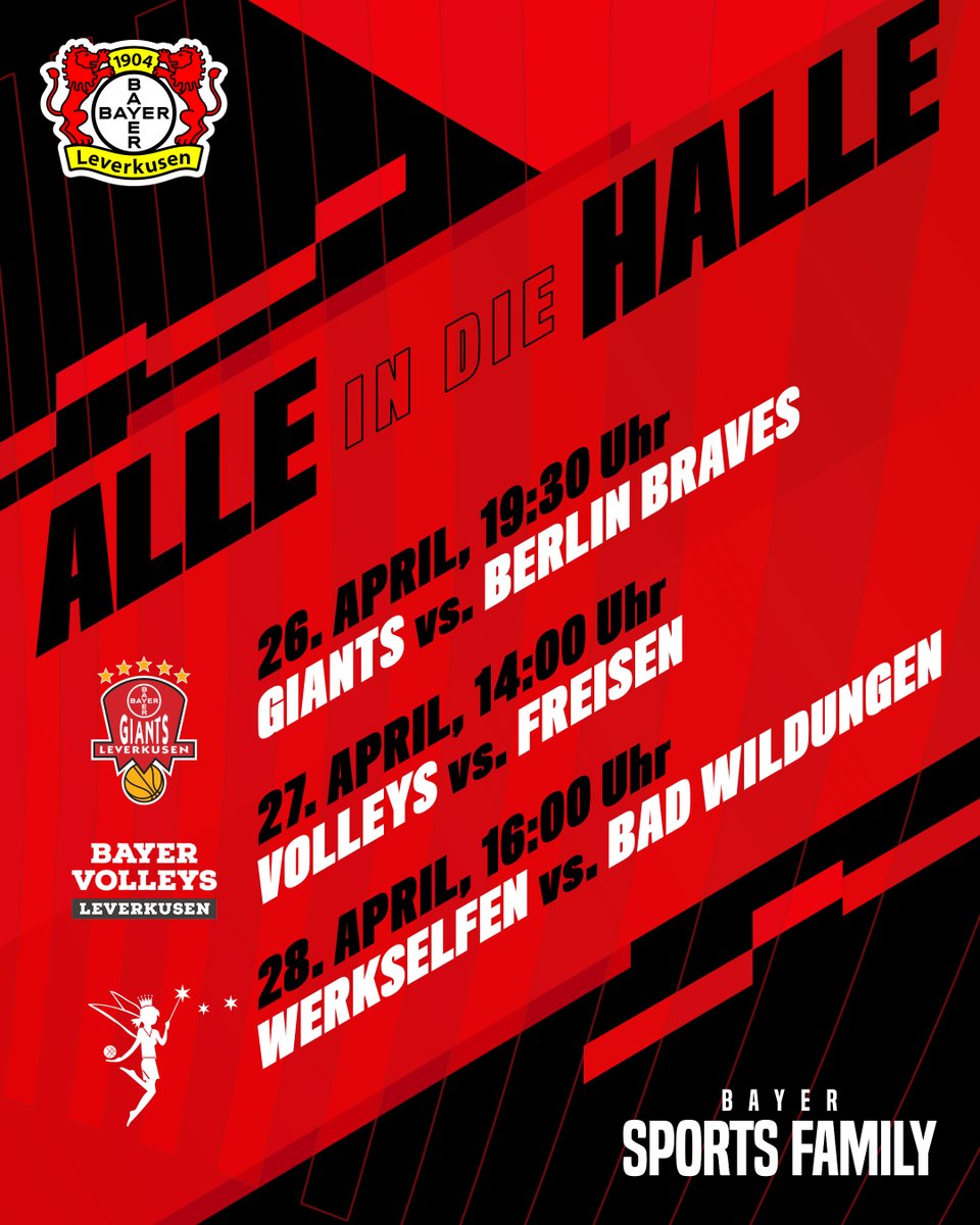 Alle in die Halle! ⚫️🔴 Die @BayerGiantsLev spielen am Freitagabend ihr Playoff-Viertelfinale. Außerdem sind rund um #B04VfB auch die #Werkselfen und die Bayer Volleys im Heimspiel-Einsatz. Schaut vorbei und unterstützt die Jungs und Mädels! 🫶 #BayerSportsFamily | #Bayer04